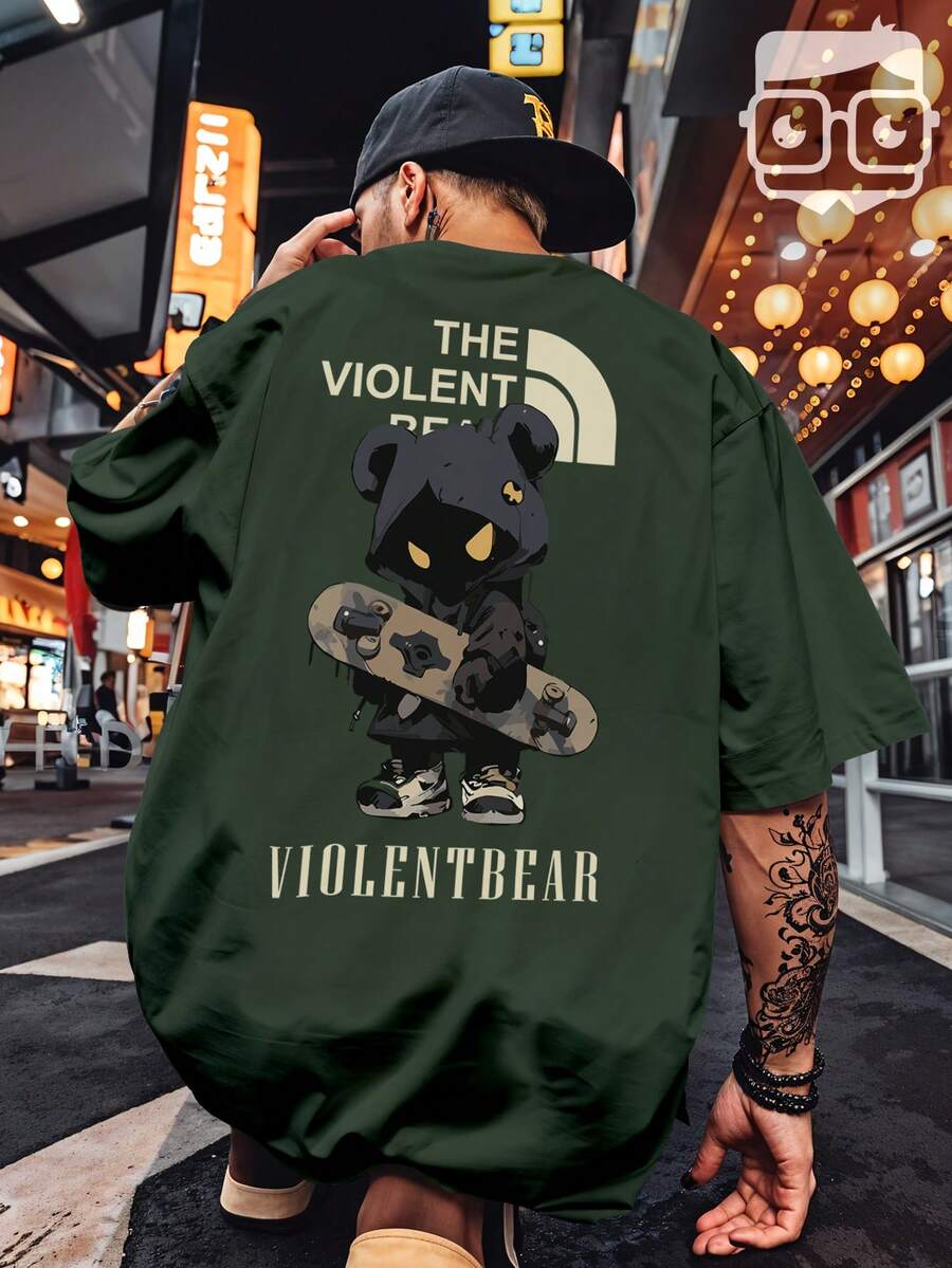 Oversized Streetwear Bear T-Shirt Skater Violent Street Fashion 3262 NERD VEST - xanh quân đội - Xem 1