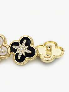 5颗四叶草珍珠水钻金属纽扣，百搭黑色纽扣，优雅风格，适用于外套、毛衣、连衣裙 - 花 - 查看 3