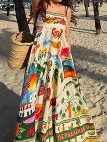 热带印花无袖连衣裙，度假休闲