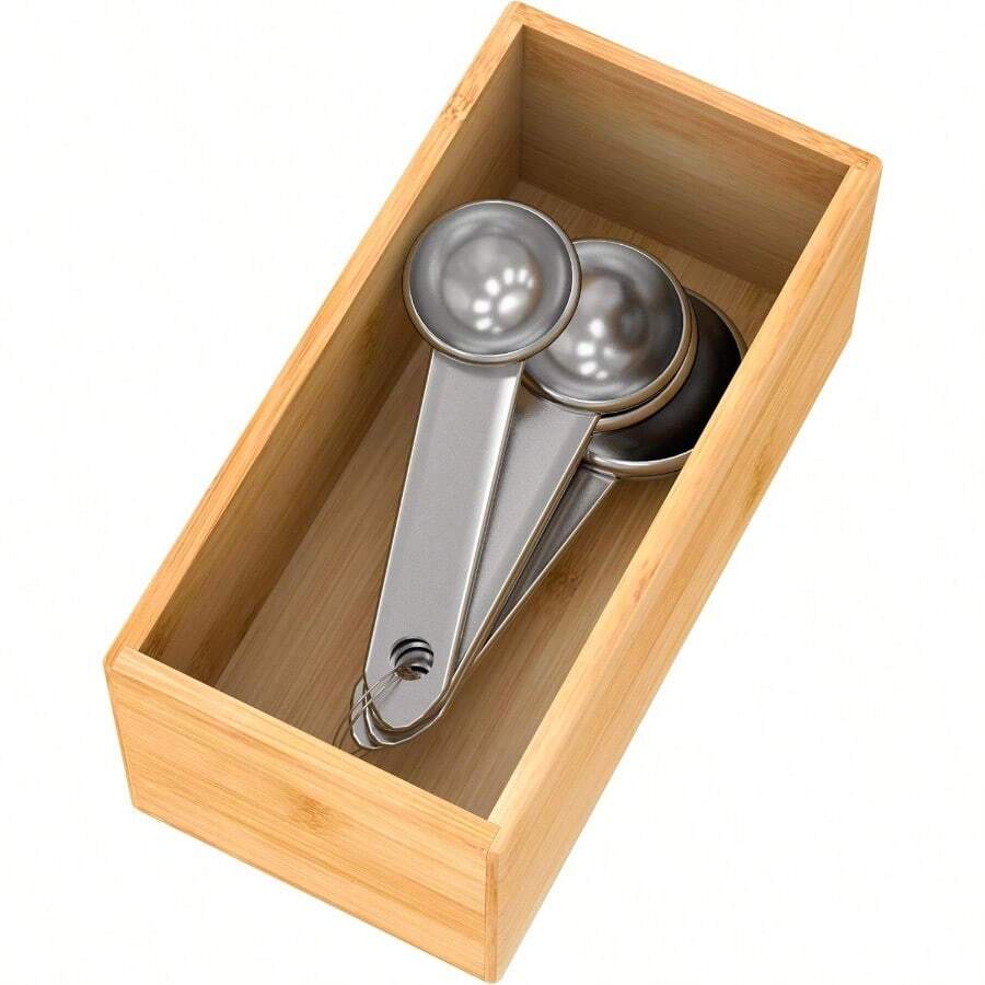 HAWT Bamboo Drawer Organizer Utensil Holder For Kitchen Small Wood Silverware Storage Organizer Stackable Box Tray For Cutlery Flatware Bathroom Caddy For Makeup Perfume Jewelry 6x3x2.5 Inch - 竹子 - 查看 1