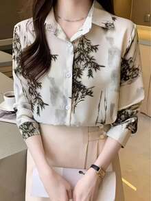Women's New Arrival Elegant Printed Casual Shirt, Long Sleeve Design, Suitable For Daily Wear And Vacation - White and Green - View 3