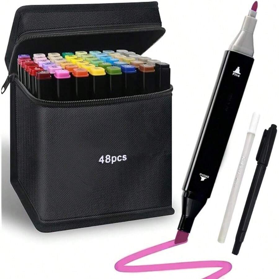 48 Vibrant Dual Tip Art Markers (Brush & Chisel) - Non-Bleed Quick-Dry Sketch Pens For Adults Teens Beginners | Coloring Books Crafting Drawing Journaling Supplies With Storage Case - mặc định - Xem 1