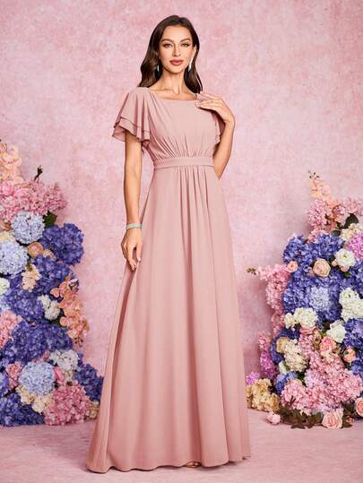 Volly Toych Baby Pink Elegant Classy Chiffon Bridesmaid Maxi Dress With Draped Ruffle Flounce Short Sleeves And Scoop Neck For Special Occasions