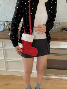 1 Peça Bolsa de Ombro Aberto com Patch de Pelúcia e Falso Camurça com Design de Bota para Meninas, Bolsa Transversal Adequada para Outono/Inverno, Festa de Natal