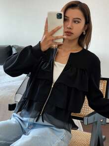 Livesso Women's Round Neck Metal Zipper Decor Loose Multi-Layer Mesh Ruffle Patchwork Solid Color Fitted Loose Long Sleeve T-Shirt, Halloween Costume, Autumn Black Blouses Black Crop Jacket Ruffle Top Tiered Ruffle Top Black Ruffle Blouse - Black - View 4