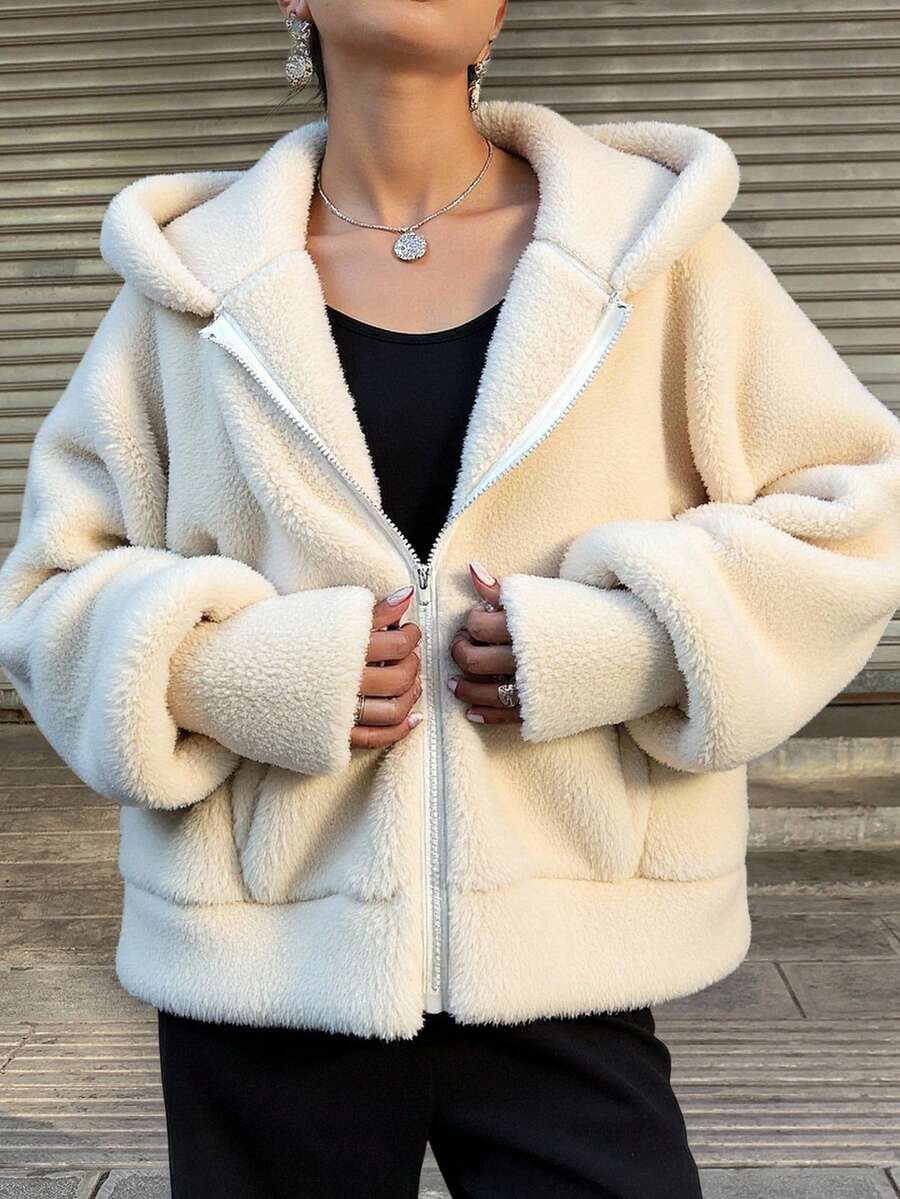 Livesso 女士米色纯色连帽抽绳落肩长袖羊羔绒宽松休闲百搭抓绒卫衣，秋季外套，冬季 - 米色 - 查看 1