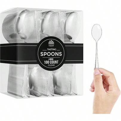 WSXC Mini Dessert Spoons - Bulk Pack Of 100 Clear Disposable 4 Inch Plastic Appetizer Spoons - Real Flatware Look -  - Food