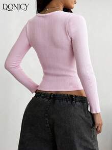 DONICY Damen rosa tailliertes Crop Top, Rundhalsausschnitt Langarm, eleganter, süßer minimalistischer Stil, geeignet für Outdoor-Aktivitäten, Lässig Kleidung, Büropendeln, Feierlichkeiten im Frühling und Herbst - Pink - Übersicht 2