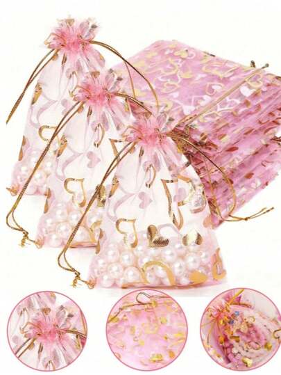 100/50/10 piezas Bolsas con cordón de malla con forma de corazón, bolsas de regalo de joyería, bolsas de organza surtidas con luna y estrella, bolsas de regalo pequeñas de 4.7 X 3.5 pulgadas con cordón, bolsas de joyería en varios colores, ideal para cumpleaños, boda, vacaciones, fiesta