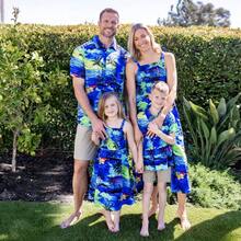 Matching Family Hawaiian Outfits Tropical Blue Palm Tree Print Shirt / Dress Summer Beach Vacation Coordinated Outfit Set - Màu xanh lam - Xem 1