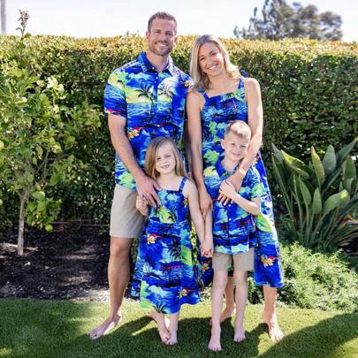 Matching Family Hawaiian Outfits Tropical Blue Palm Tree Print Shirt / Dress Summer Beach Vacation Coordinated Outfit Set
