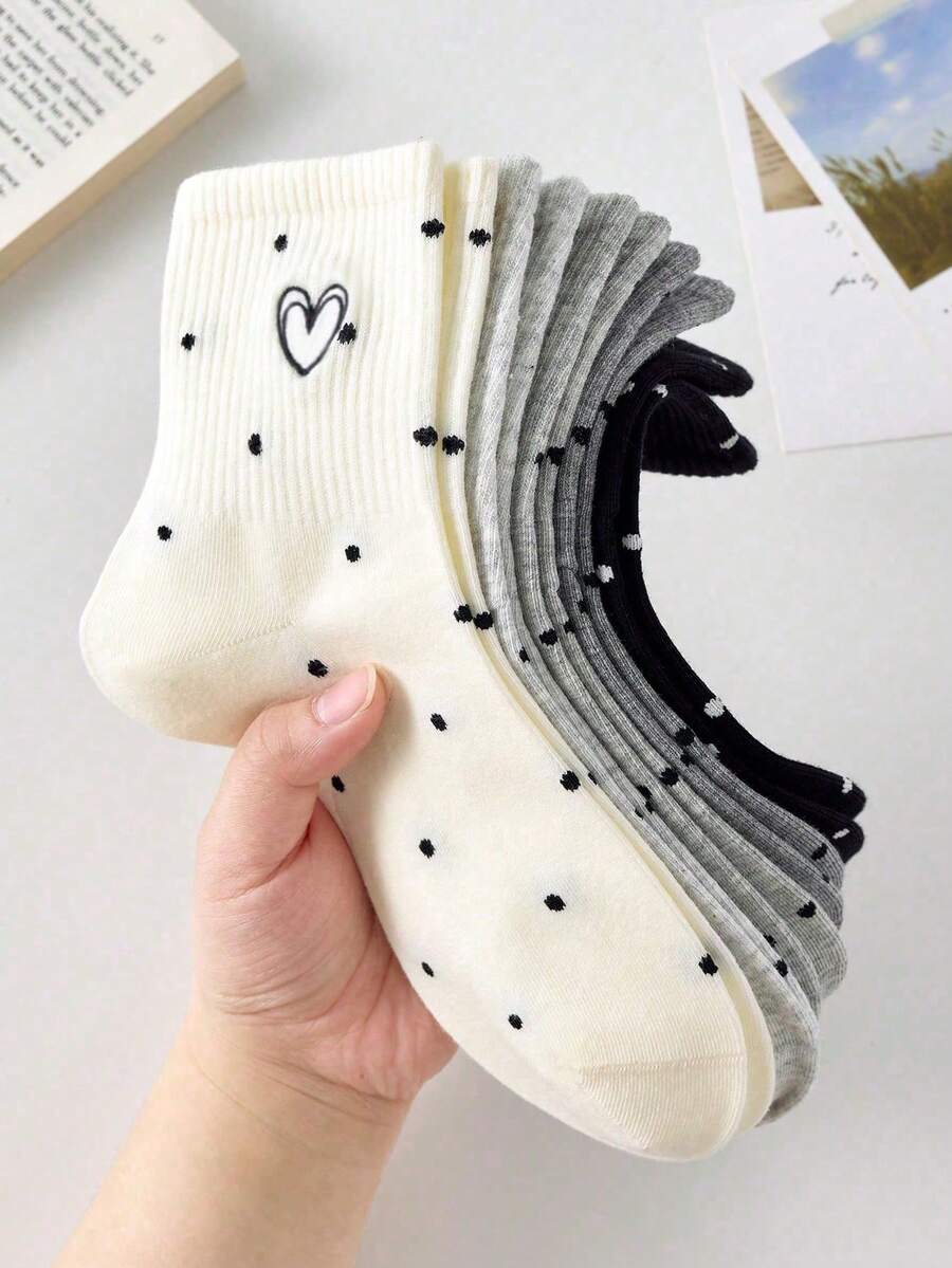 5 Pairs Women's Cute Heart&Polka Dot Ankle Socks Crew Socks Short Socks, White Socks, Black Socks, Casual Comfortable Mid-Calf Socks, Preppy Style Student Socks School Socks, Christmas Gift, Colors Random, Suitable For Daily Wear And Outings, For All Seasons - Multicolor - View 1