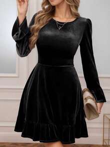 Elegant Velvet A-Line Mini Dress, Ruffle Hem, Long Sleeve, Round Neck, Suitable For Party - Ink Black - View 4