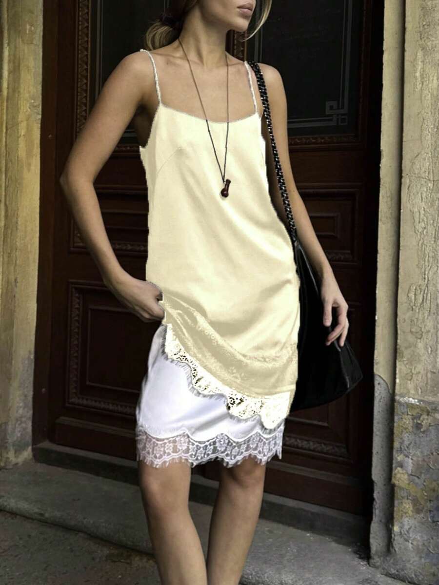Women Lace Trim Top Sleeveless Backless Tank Tops - Champagne - View 1