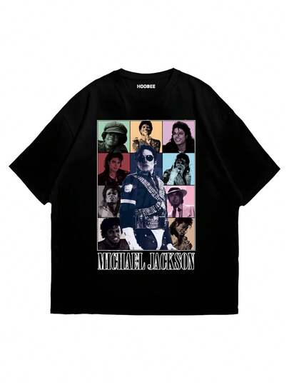 Men Black T Shirt 180 Pure Cotton Michael Jacksons Collage Print And Text Casual Streetwear Comfortable And Multi Functional Summer T Shirt Top