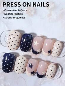 24pcs Oval Star Polka Dot Nail Stickers, Acrylic Material, Perfect Fit, Set Includes: 1pc Jelly Gel And 1pc Nail File. Short Nail Stickers Make Your Fingertips Shine Brilliantly, Suitable For Parties, Dancing And Daily Use. - Royal Blue - View 2