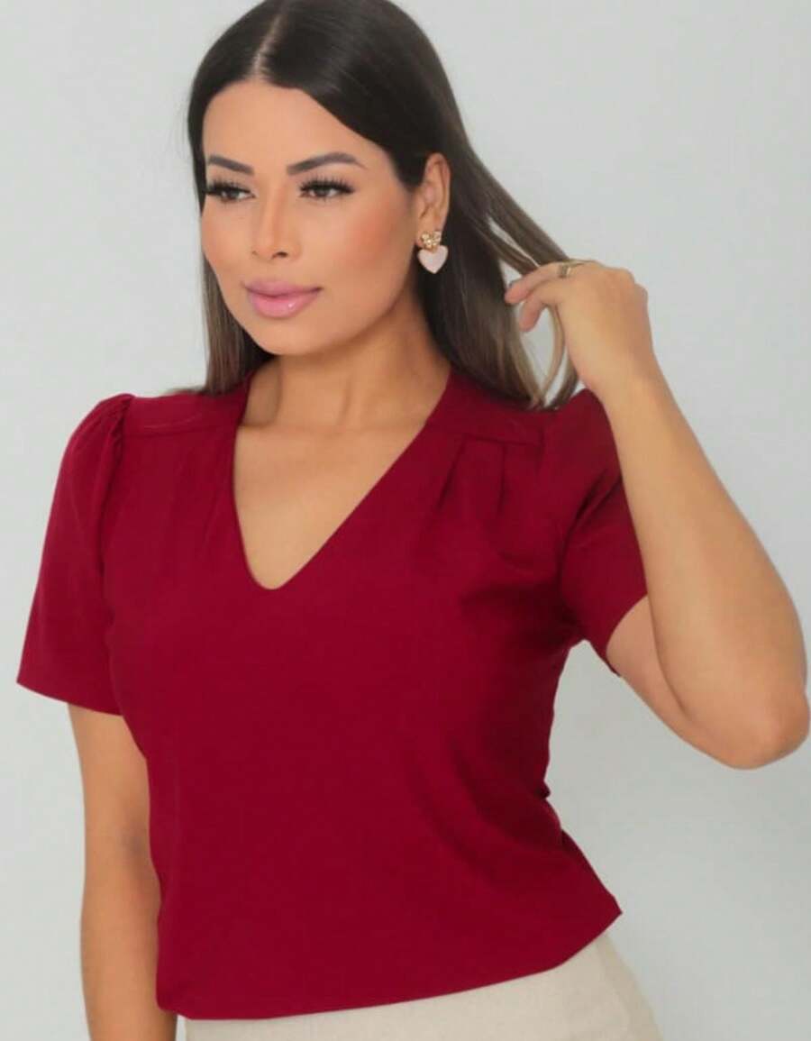 Blusa Social Feminina Manga Curta Gola V - Vinho - Visão 1