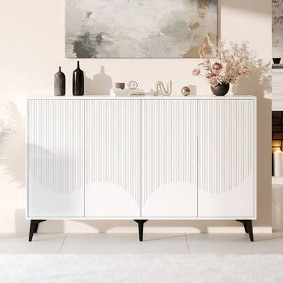 White Sideboard, 160 Cm Wide, Multifunctional Sideboard, Chest Of Drawers, Tall Cabinet With Adjustable Shelves, 4 Doors, Metal Legs