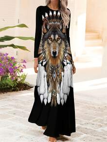 Women'S Wolf Head & Headdress  Print Maxi Dress - Elegant Wolf Face & Design With American-Inspired  Art, Round Neck Long Sleeve A-Line Dress For Spring/Fall, Casual To Formal Events, Spring Fashion, Fall Outfit, Fashion Lovers - 星星 - 查看 2
