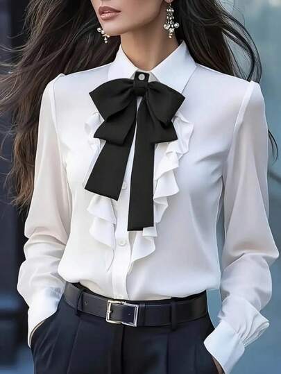 Camisa de mujer de manga larga con detalle de volantes y lazo - unicolor, manga larga, diseño con botones delanteros, adecuada para ir a trabajar y uso casual, camisa casual | Blusa elegante | Detalle de volantes y lazo