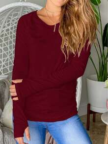 Women's Long Sleeve Ruched Casual Top - Soft Stretchy | Crew Neck, Long Sleeve, Side Ruched Detail, Comfort Fabric, Slim-Fit Silhouette - New Year Daily & Athletic Outings, Fall Winter Versatile Wear - 酒紅色 - 查看 2