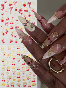 6片红色樱桃蝴蝶结美甲贴纸，情人节金线爱心星星叶子美甲贴花，新年美甲用品，DIY美甲饰品装饰 - 彩色 - 查看 3