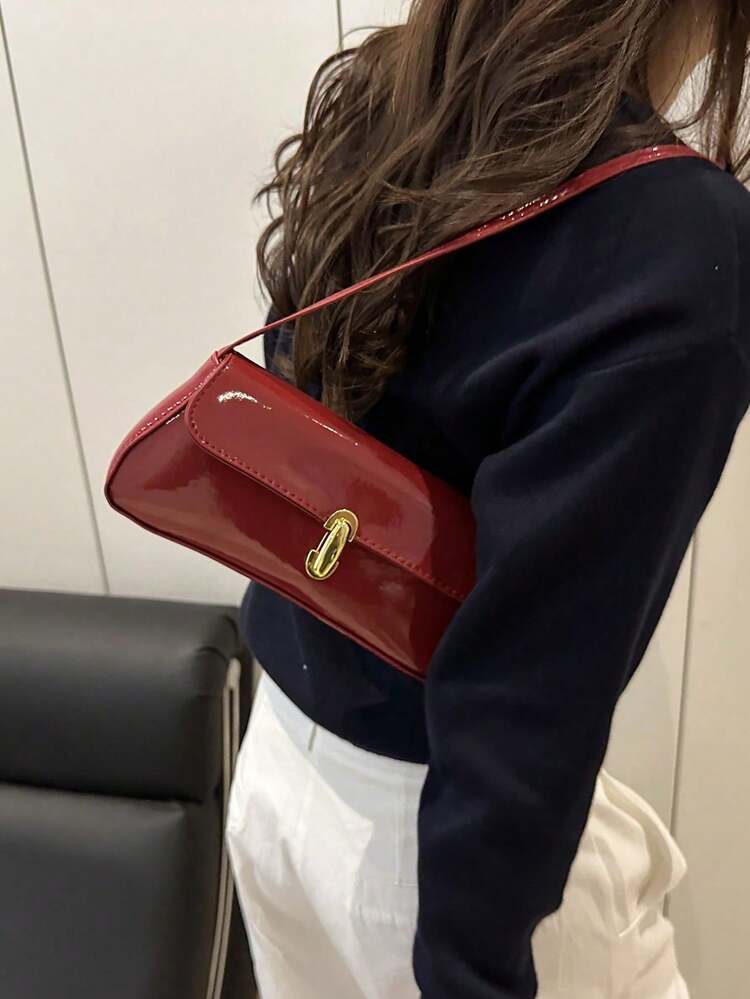 女士复古仿油皮翻盖装饰单肩腋下包，适合约会、外出、派对等场合 - 紅色 - 查看 2