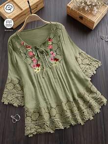 Patch Lace Floral Embroidered Knot Collar Casual Shirt