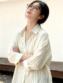 Camisa amplia de rayas verticales de hombros caídos - Beis - Ver 2