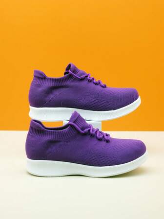 Kids' Lightweight Breathable Purple Lace-Up Slip-On Casual Dance Shoes, Knit Sock Shoes