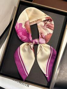 1 pieza Elegante y versátil bufanda/pañuelo de seda con estampado de flores púrpura y blancas de seda falsa - Morado Violeta - Ver 9