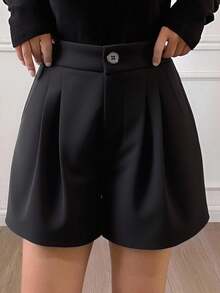 Livesso 女士黑色纯色褶裥休闲百搭短裤，秋季/秋季 - 灰色 - 查看 2