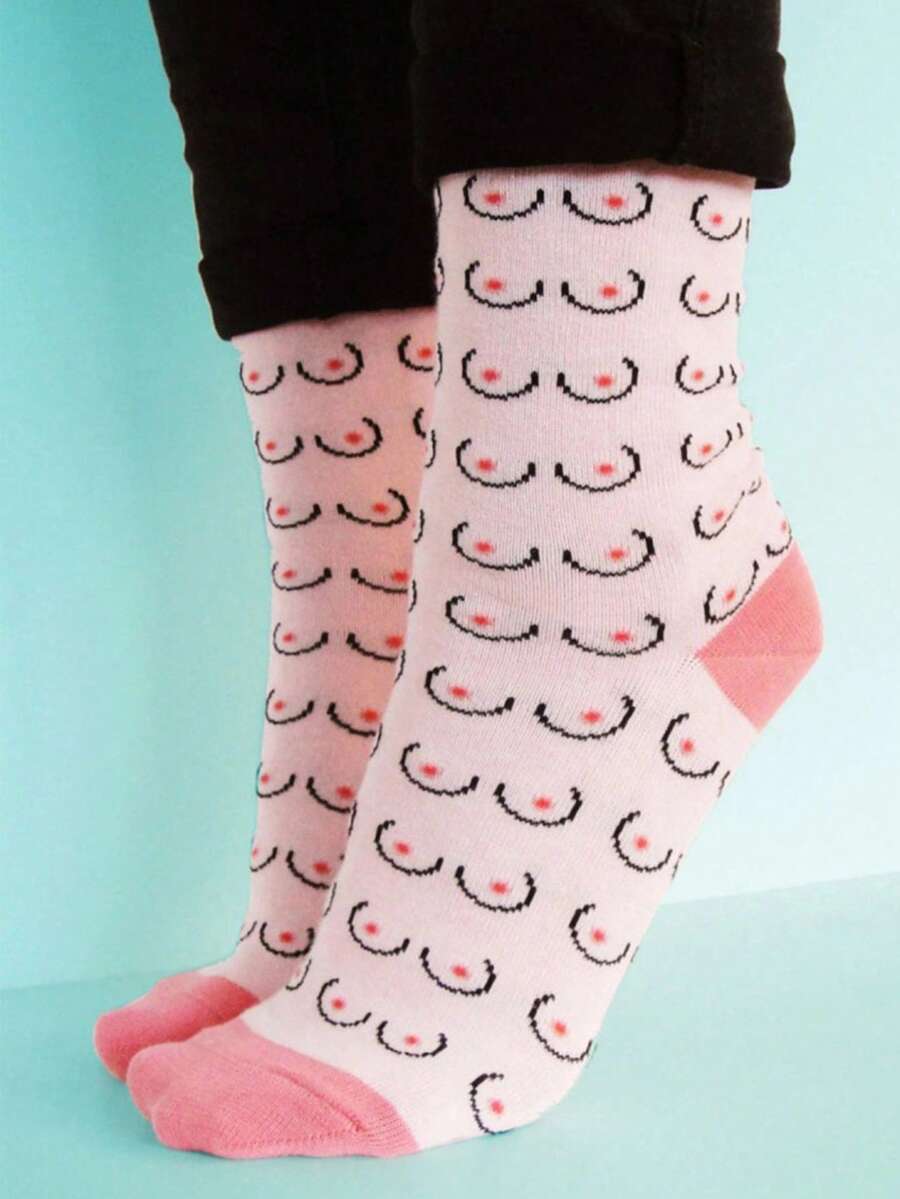 1 Pair Women Pink Fun Icon Cartoon Mid-Calf Cotton Socks Couple Gift Home Wear - Multicolor - View 1