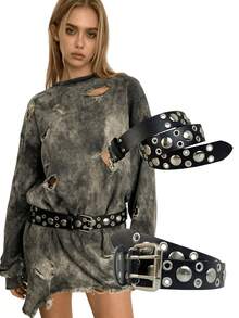 Handmade Y2K Silver Rivet Metal Belt, Punk Style Jeans Belt With Rivet Decoration, Niche Original Design - Multicolor - View 2