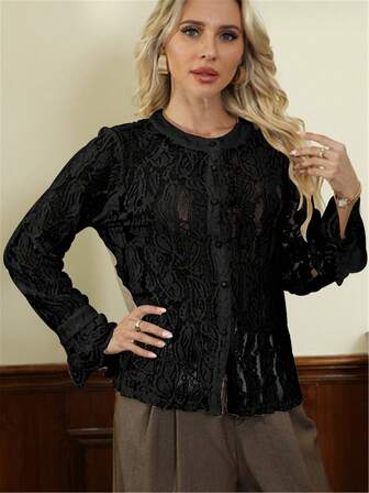 大码女式时尚休闲蕾丝长袖纽扣衬衫，秋季