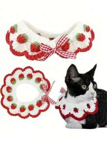 1pc Handmade Crochet Elastic Strawberry Bow Cat Collar, Pet Accessory Decoration - Multicolor - View 3