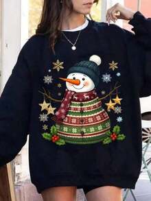 Retro Patchwork Snowman Sweatshirt, Merry Christmas Shirt, Christmas Patchwork, Christmas Coquette Snowman Shirt, Tis The Season (2), Combed Cotton Loose Sweatshirt, Round Neck Versatile Daily Style - màu đen - Xem 6