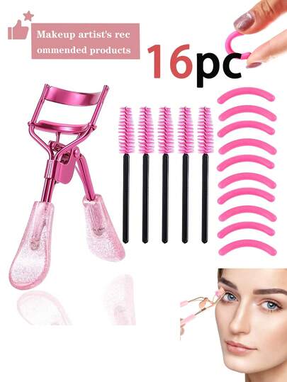 16件套睫毛夹套装：包含1个粉色睫毛夹、5支睫毛刷、10个替换垫片，卷翘效果极佳，精准修饰，卷翘增强，打造持久眼妆。适用于化妆，价格实惠，可作房间装饰、梳妆台摆设，方便旅行携带，也适合卧室使用，实用化妆配件，睫毛夹产品。