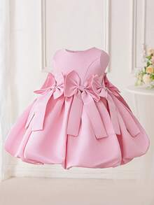 Baby Girls' Round Neck Bow Tie Back Ribbon Satin Cute Birthday Party Puff Dress, Suitable For Flower Girl, Wedding, Holiday, Does Not Include Headband - Pink - View 3