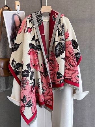 1pc Elegant Floral Jacquard Design Faux Cashmere Warm Scarf For Women, Fashionable & Versatile Neck Warmer For Air-Conditioned Rooms, Autumn/Winter, Suitable For Daily Matching, Great Gift Choice