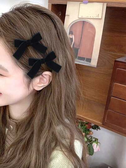 2个装女士丝绒蝴蝶结发夹，优雅可爱，适合日常佩戴、派对装扮、婚礼派对、情人节等场合，发饰，爪夹，发卡，发夹，头饰，发夹，夏季，假日，旅行，节日，生日