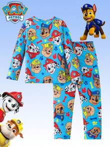 Paw Patrol 两件套汪汪队立大功男童睡衣套装，可爱卡通印花灰色圆领长袖T恤和长裤，秋冬季男童日常休闲睡衣套装，节日礼物 - 藍色 - 查看 2