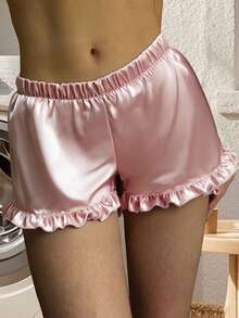 Women's Satin Pajama Shorts Loose Fit Solid Color Ruffled Trim Sleep Shorts - Pink - View 1