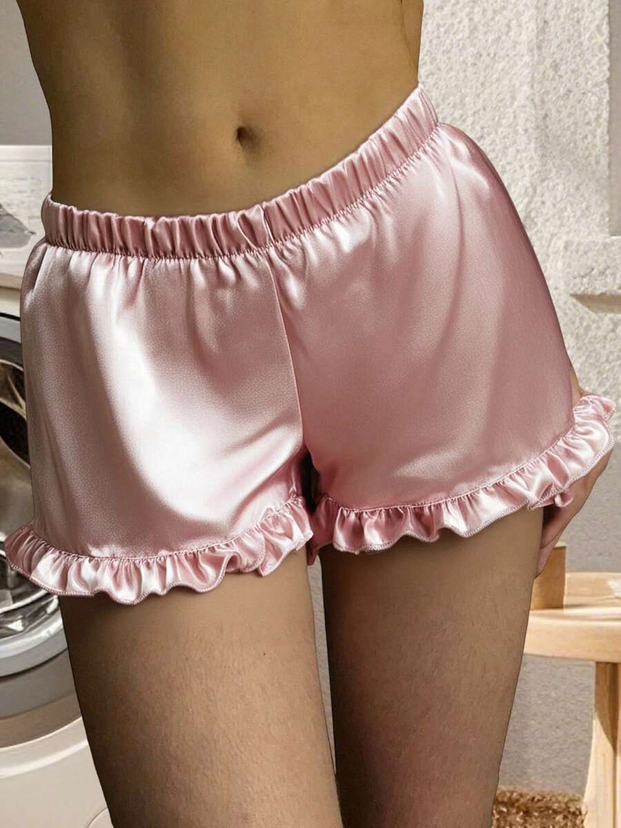 Women's Satin Pajama Shorts Loose Fit Solid Color Ruffled Trim Sleep Shorts - Pink - View 1