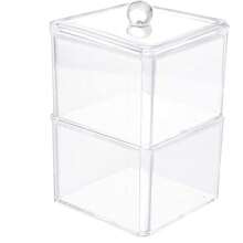 Square Acrylic Cotton Ball Pads Gauze Swab Holder Organizer Q-Tip Dispenser Storage Canister Bathroom Container Flossers Box Case (3.5 X 3.5 X 5.3 Inches, Two Tiers, Transparent),B-Clear - B-Clear - View 2