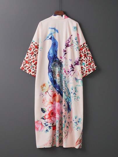 Plus Size Loose Retro Peacock Printed Long Cover Up, Beach Cover Up Kimono Style Swimsuit Outer Wear, Summer
