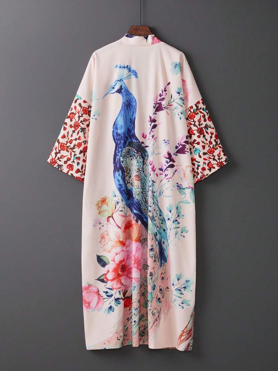 Plus Size Loose Retro Peacock Printed Long Cover Up, Beach Cover Up Kimono Style Swimsuit Outer Wear, Summer - Pink - View 1