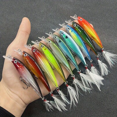 10pcs New High-Quality, Feather Laser Minnow Fishing Lures Artificial Bait
