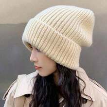 1pc Ladies Multi-Color Chunky Knit Korean Knitted Piled Cap, Fall/Winter All-Match Beanie Hat For Warmth, Ear Protection And Loose Fit, Cold-Proof Hat - 黑色 - 查看 9
