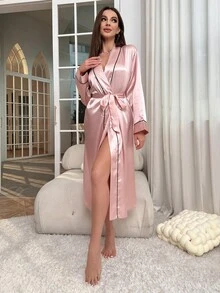 Áo choàng tắm/áo ngủ dài tay bằng lụa giả thanh lịch dành cho nữ, đồ mặc nhà sang trọng, chi tiết thoải mái và thanh lịch cho mùa thu, có kèm thắt lưng, phù hợp mặc vào mùa thu và mùa đông, cũng phù hợp làm phù dâu, đồ mặc nhà, mọi mùa. - Nhiều màu - Xem 4